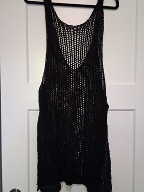 1X Swim Coverup Black Open Knit Crochet Tank Dress